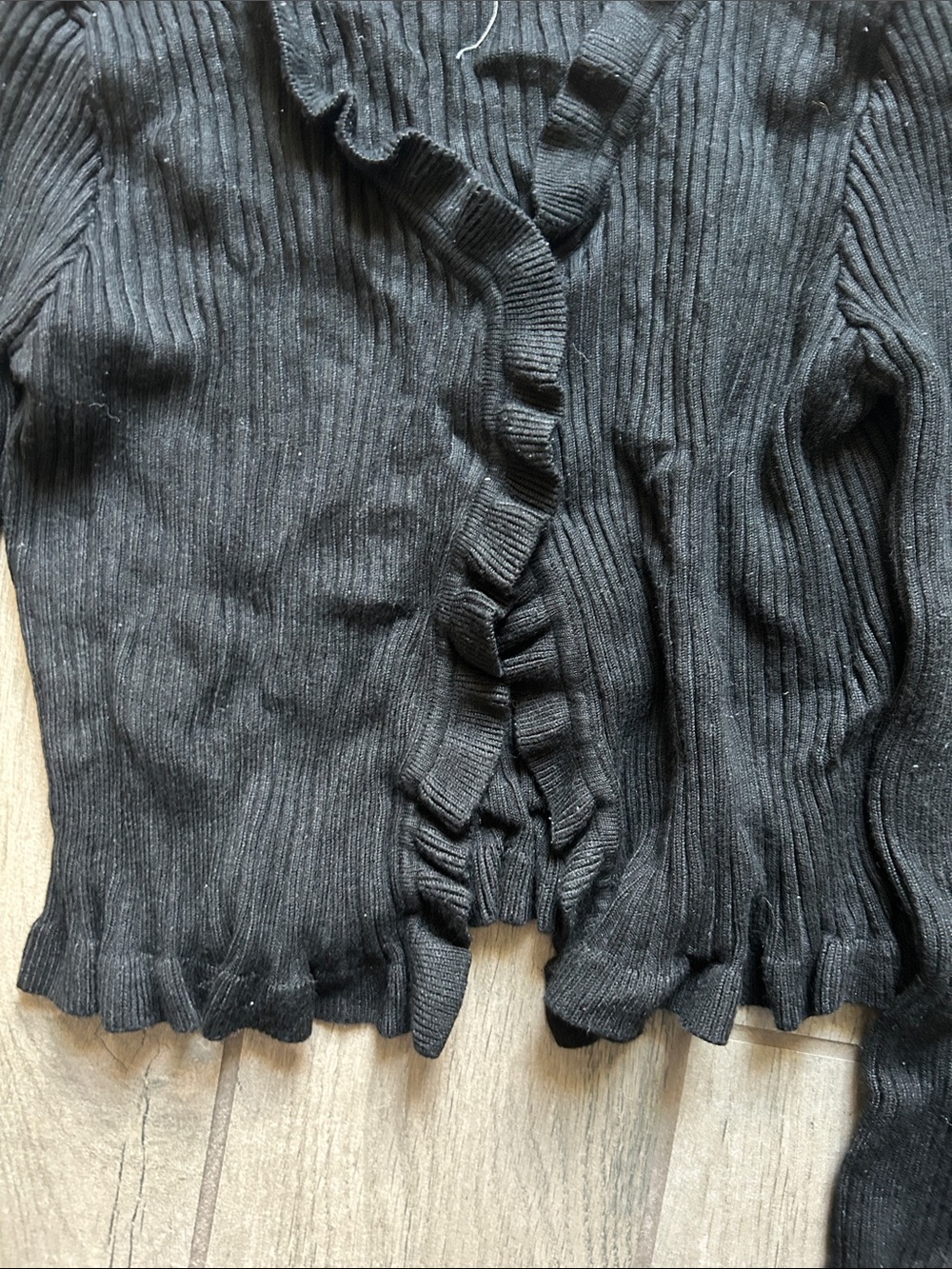 Black Ruffle-Trim Ribbed Women's Cardigan - Picture 3 of 4